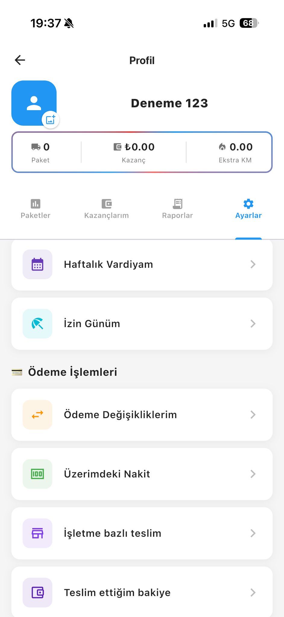 ZirveGo kurye uygulaması — profil, kazanç ve ödeme işlemleri